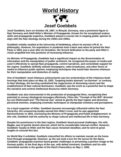 Josef Goebbels “Article & Questions” Assignment (World War II)