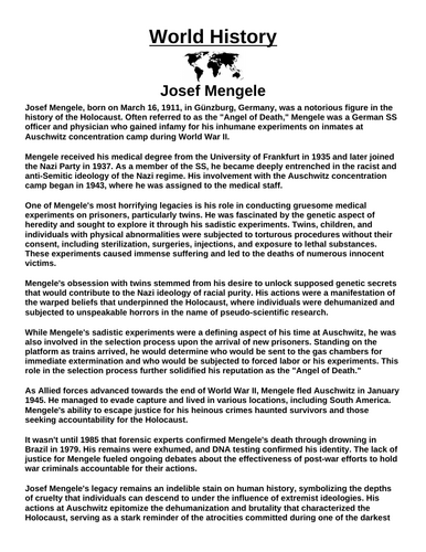 Josef Mengele “Article & Questions” Assignment (World War II)