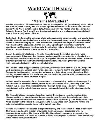 Merrill's Marauders “Article & Questions” Assignment (World War II)