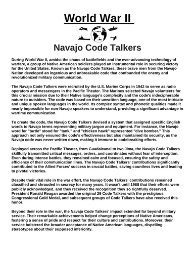 Navajo Code Talkers “Article & Questions” Assignment (World War II)