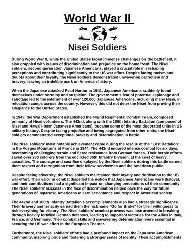 Nisei Soldiers “Article & Questions” Assignment (World War II)