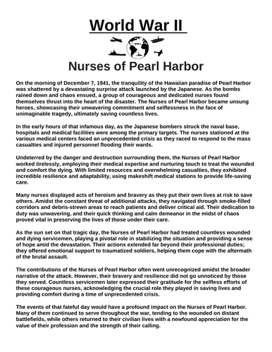 Nurses of Pearl Harbor “Article & Questions” Assignment (World War II)