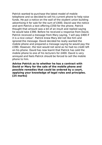 A-Level Law: 2023 Formation Scenario Model Plan + Answer - Eduqas Contract Law