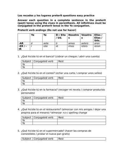 Los recados y los lugares preterit questions easy practice