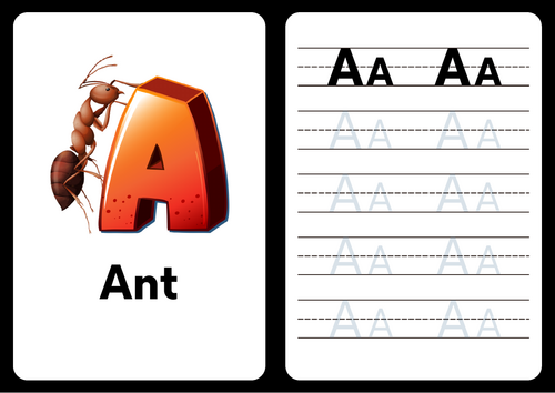 Tracing Letter A for Ant Practice Worksheet in Blue and White Illustrative Style