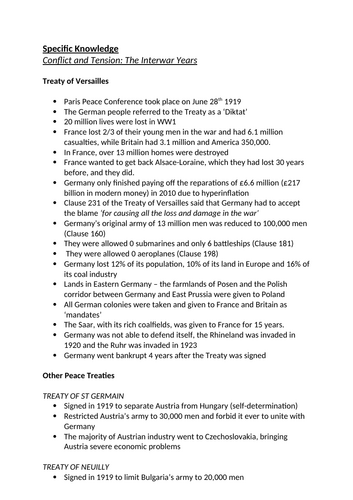 AQA GCSE History 'Conflict and Tension: The Interwar Years' Grade 9 Fact Document