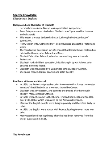 AQA GCSE History 'Elizabethan England' Grade 9 Fact Document