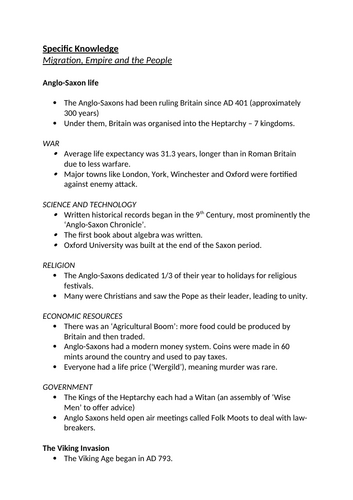 AQA GCSE History 'Migration, Empire and the People' Grade 9 Fact Document