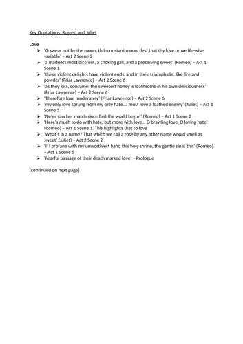 Grade 9 AQA GCSE English 'Romeo and Juliet' Key Quotations