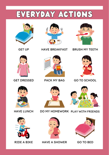 Daily routine picture dictionary worksheet in pink cute style