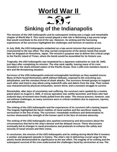 Sinking of the Indianapolis “Article & Questions” Assignment (World War II)
