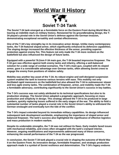 Soviet T-34 Tank “Article & Questions” Assignment (World War II)