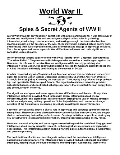 Spies & Secret Agents of WW II Article & Questions” Assignment (World War II)