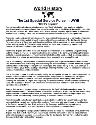 The 1st Special Service Force in WWII “Article & Questions” Assignment (World War II)