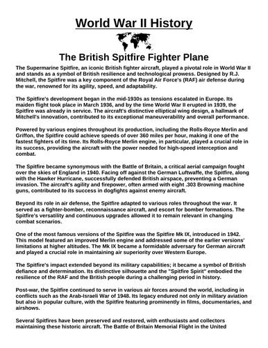 The British Spitfire Fighter “Article & Questions” Assignment (World War II)