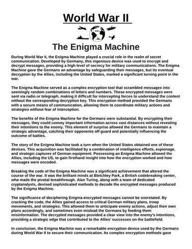 The Enigma Machine “Article & Questions” Assignment (World War II)