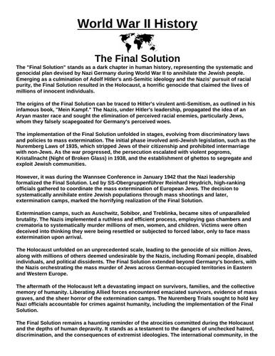 The Final Solution “Article & Questions” Assignment (World War II)