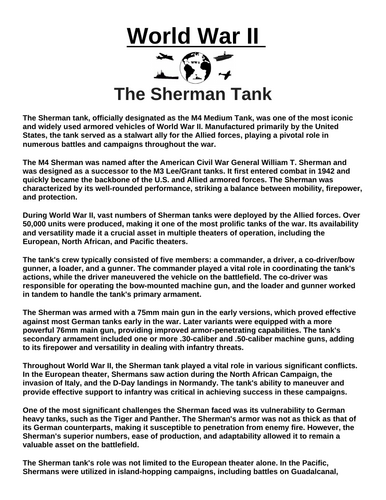 The Sherman Tank “Article & Questions” Assignment (World War II)