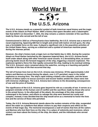 The U.S.S. Arizona “Article & Questions” Assignment (World War II)