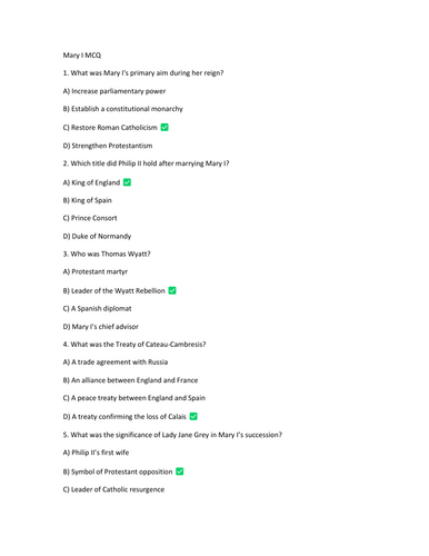 AQA A Level Tudors 1C Mary I Quiz pack