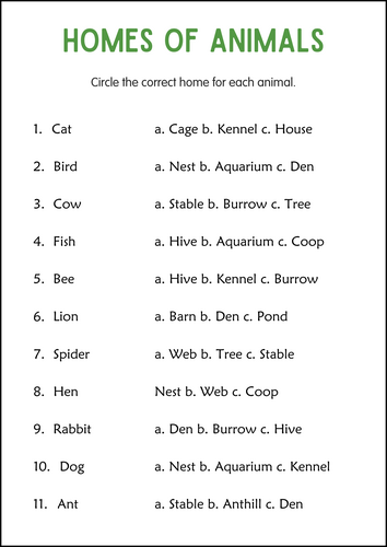 Homes of Animals Activity Worksheets for Grade 2, 3, 4 - Animals and Their Homes