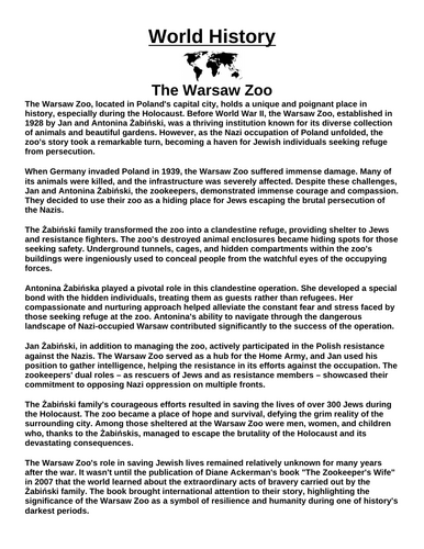 The Warsaw Zoo “Article & Questions” Assignment (World War II)