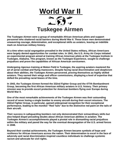 Tuskegee Airmen “Article & Questions” Assignment (World War II)