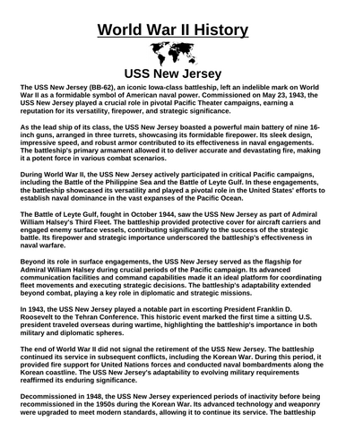 Battleship USS New Jersey “Article & Questions” Assignment (World War II)