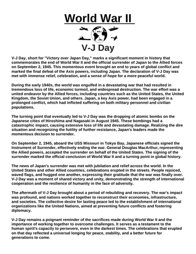 V-J Day “Article & Questions” Assignment (World War II)