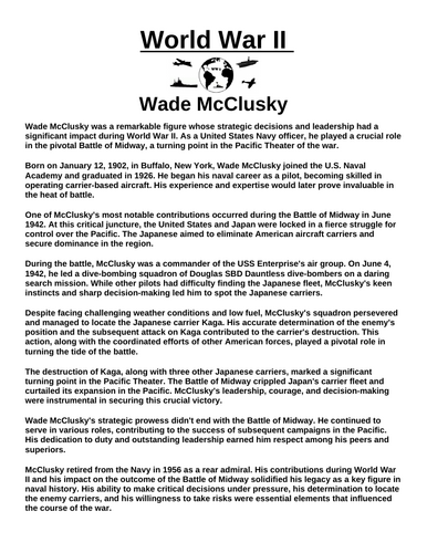 Wade McClusky “Article & Questions” Assignment (World War II)
