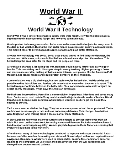 Technology in World War II “Article & Questions” Assignment (World War II)