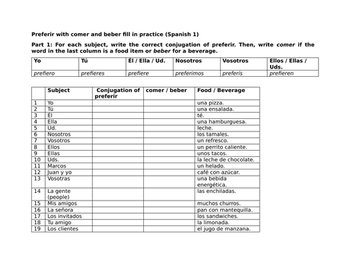 Preferir with comer and beber fill in practice (Spanish 1)