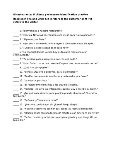 El restaurante: El cliente y el mesero identification practice