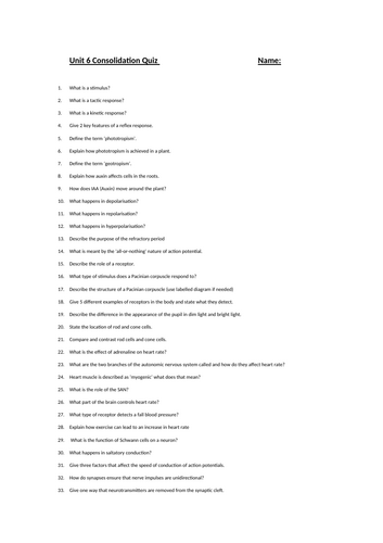 Topic 6 - Homeostasis  Fact Recall Quiz AQA Level Biology