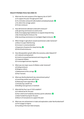 AQA A Level Tudors 1C Edward VI Quiz pack