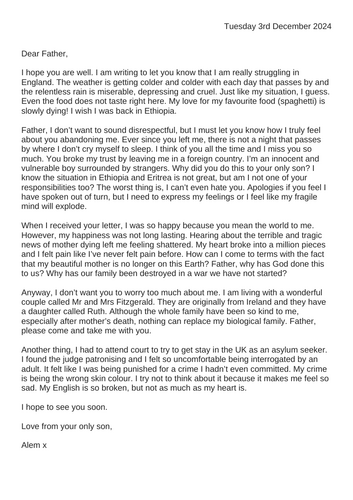 Refugee Boy Alem's letter to his father