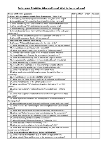 AQA A Level Tudors 1C Henry VIII Quiz pack