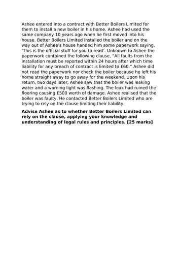 A-Level Law: 2023 Exclusion Clauses Scenario Question Plan + Model - Eduqas Contract