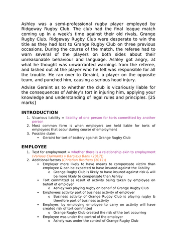 A-Level Law: 2020 Vicarious Liability Scenario + Plan + Model - Eduqas Tort Law