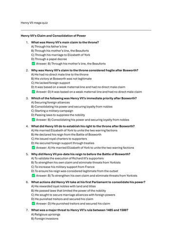 AQA A Level Tudors 1C Henry VII Quiz pack