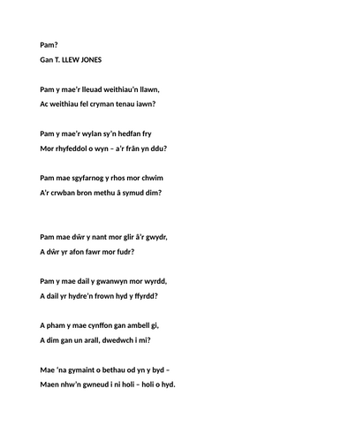 "Pam" gan T. LLEW JONES: ADNODD DYSGU: Blwyddyn 3 a 4