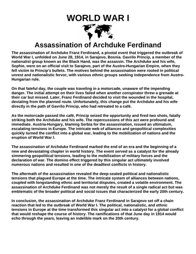 Assassination of Archduke Ferdinand “Article & Questions” Assignment (World War I)
