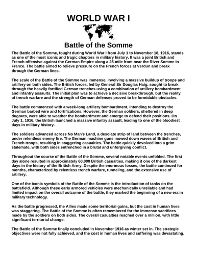Battle of the Somme “Article & Questions” Assignment (World War I)