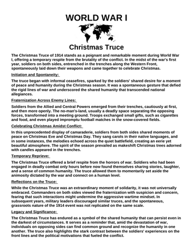 Christmas Truce “Article & Questions” Assignment (World War I)