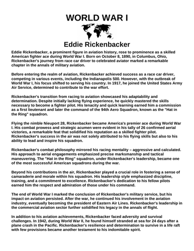 Eddie Rickenbacker “Article & Questions” Assignment (World War I)