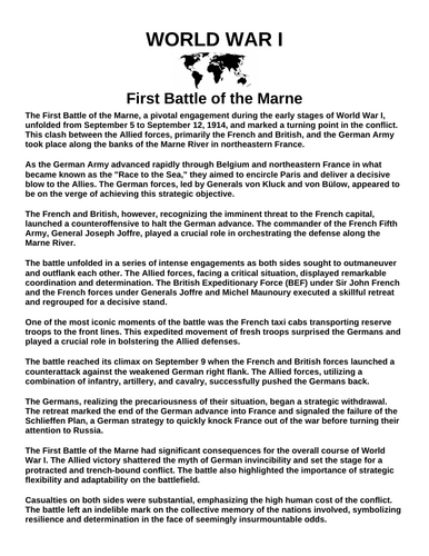 First Battle of the Marne “Article & Questions” Assignment (World War I)