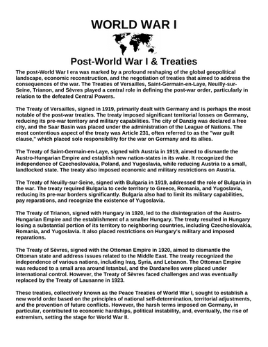 Post-WWI and Treaties “Article & Questions” Assignment (World War I)