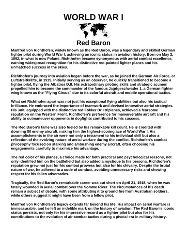 Red Baron “Article & Questions” Assignment (World War I)