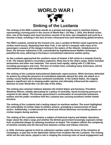 Sinking of the Lusitania “Article & Questions” Assignment (World War I)