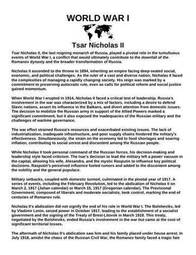 Tsar Nicholas II “Article & Questions” Assignment (World War I)